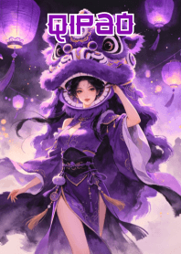 紫色旗袍性感美女國潮舞獅