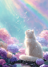 Cat, hydrangea and rainbow