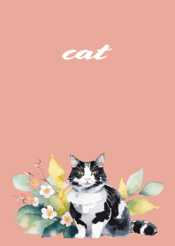 plants and Tuxedo cat on pink & blue