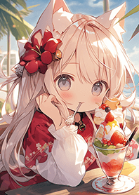 海邊吃甜點的可愛貓咪女孩❤