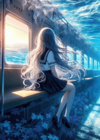 a girl sitting on a train