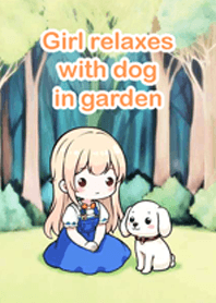 เด็กสาวผ่อนคลายกับสุนัขในสวน