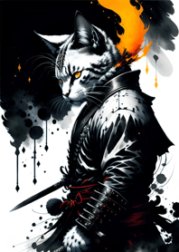Ink wash cat samurai c64A57