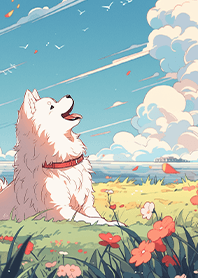 Dog in Flowers by the Sea