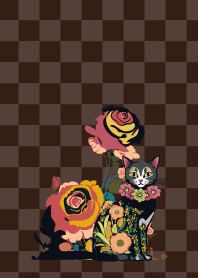 flower cat and flowers on brown