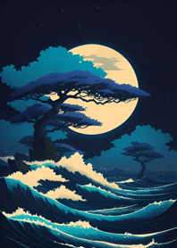 Woodblock Print Moon Over the Sea 3W 11