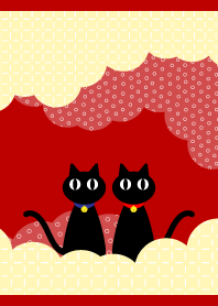 two cute cats on red & beige