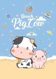 หมูอ้วน&วัวน้อย ชายหาด สีฟ้าพาสเทล