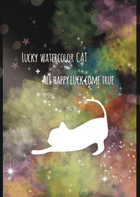ブラック&ピンク / 水彩 風水 幸運を招く猫