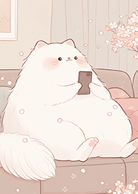 Relaxed mochi white cat on phone