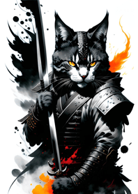 Ink wash cat samurai bE190a
