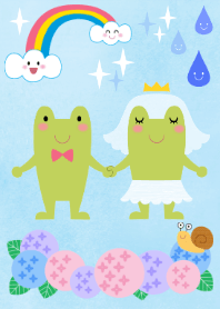 Frog wedding with hydrangea flowers.