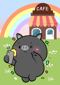 Cute Black Pig In Cafe Theme