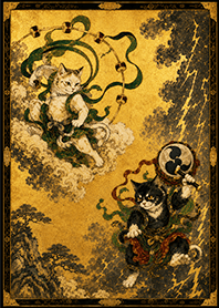 【♢開運♢】風神雷神猫＊和風金屏風