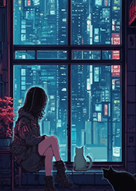 neon city Girl and Cat 7
