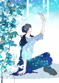 夜空の下で読書をする男子・黒髪