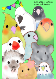 Cute party of parakeet, parrot hamster