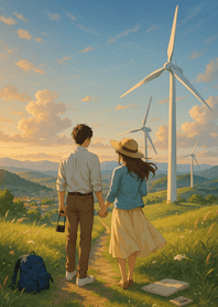 Sunlit Meadows With Wind Turbines