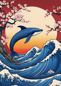 浮世絵の山と海の桜 鯨 EnIFn