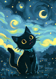 힐링 아트 -별빛 아래 검은 고양이 1.3