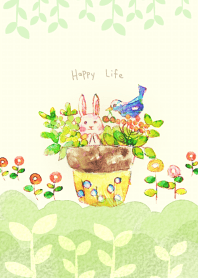 Rabbit and blue bird in planter.