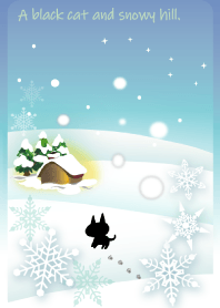 A black cat and snowy hill
