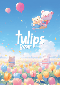 cute bear in tulip garden