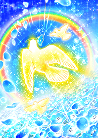 幸運を運び平和を祈る「虹と黄金鳩」