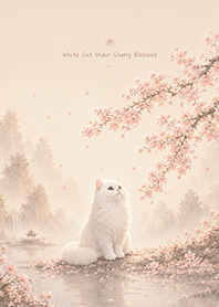 White Cat Under Cherry Blossoms