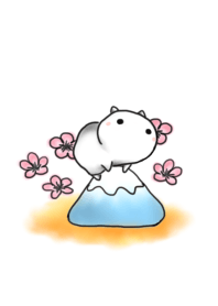 白白貓與富士山與櫻花 - 粉紅