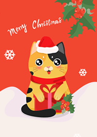คริสต์มาสแมวกับหมวกบนพื้นหลังสีแดง