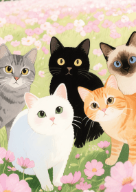 Cute Cat Gang in Pink field