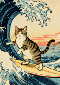 Ukiyo-e Surfing Cat