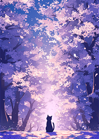 深夜の静けさ：夜桜の中で空を見上げる猫