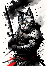 Ink wash cat samurai 06B704