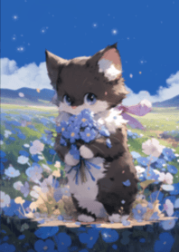 Cat and forget me not