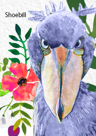 ハシビロコウと鮮やかな花