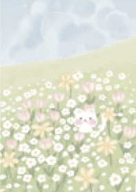 Happy cat in flower field (Pink)