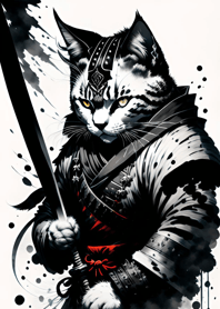 Ink wash cat samurai 068624