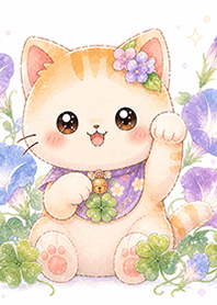 朝顔と幸運の福ねこ