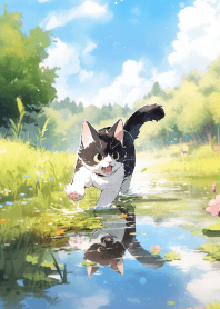 可愛的賓士貓在河邊奔跑