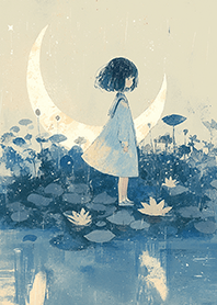 Girl in light rain under moonlight