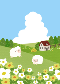 happy country hill and sheep