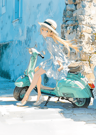 紫色 藍色街角與機車少女