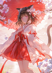 Cat-girl under the cherry blossoms