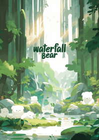 cute bear in forest and waterfall