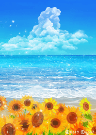 夏天的海和向日葵田