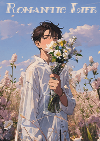 夢幻療癒插畫-花田沐浴陽光的男孩1