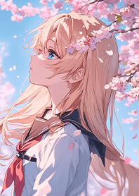 Blonde girl under cherry blossoms JP