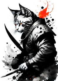 Ink wash cat samurai c34AF1